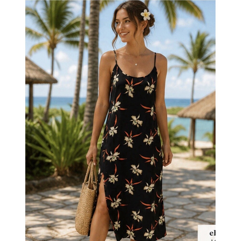 J. Crew Spaghetti Strap Women's Slip Shift Midi Dress Sz. S Black & Floral
